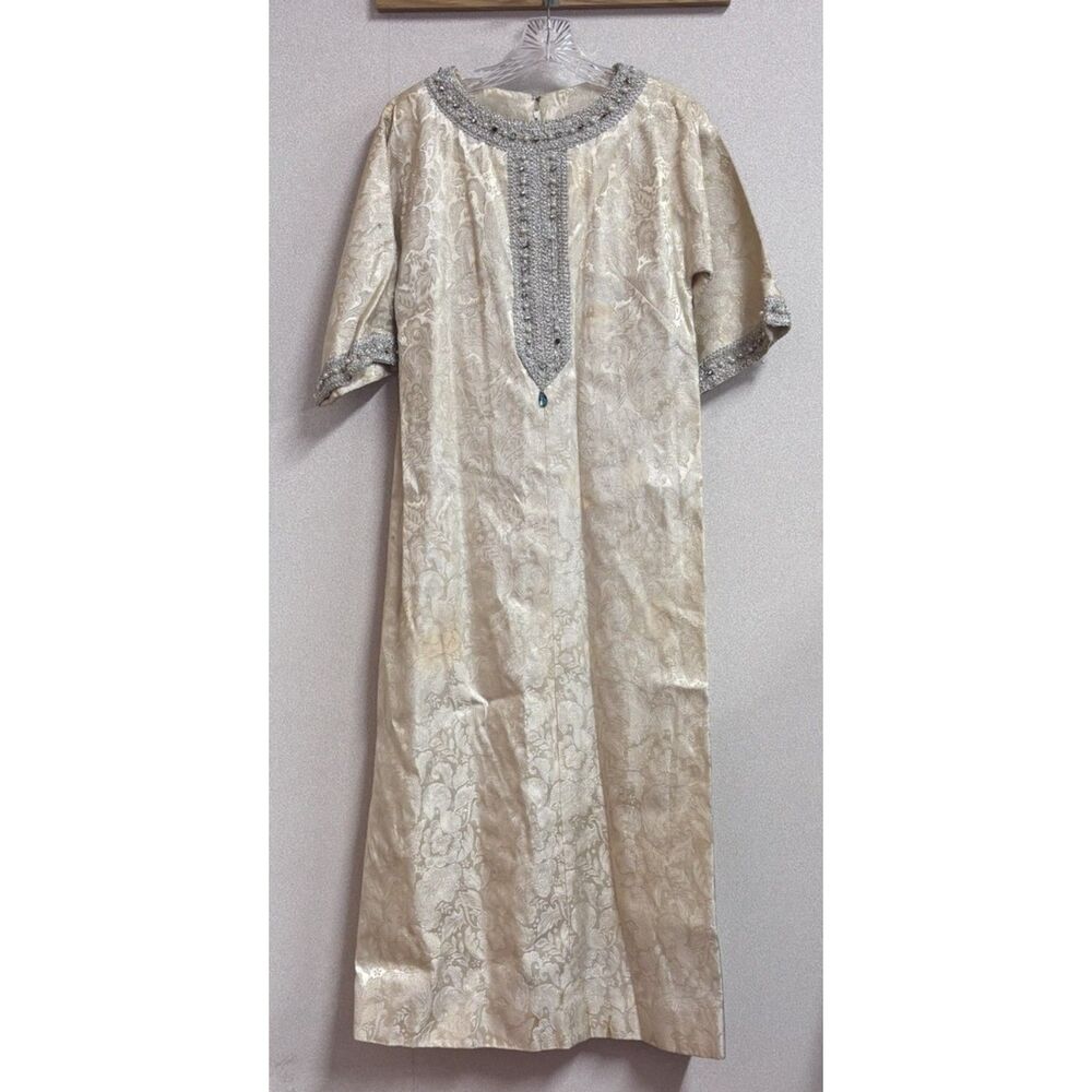 Handmade Metallic Brocade Caftan Dress Pearl Crystal VTG Boho Ren Faire Flawed
